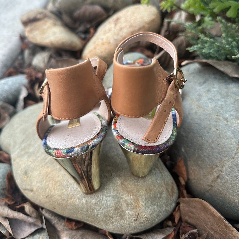 Louise et Cie Floral Wedge Heels | Gold Heel Leather Ankle Strap Sandals Size 6 - Picture 2 of 10